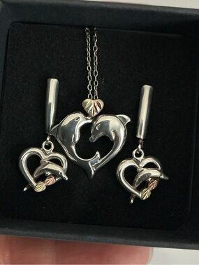 925 12K 10K BLACK HILLS GOLD Dolphin Necklace and Earrings